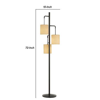 3 Light Lantern Design Metal Floor Lamp with Fabric Shades, Black and Beige