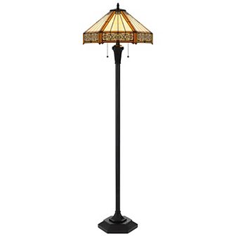 Eli 60 Inch Floor Lamp, Hexagonal Tiffany Style Shade, Dual Light, Bronze