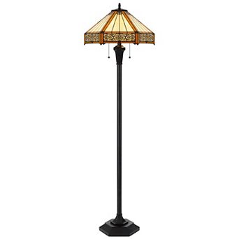 Eli 60 Inch Floor Lamp, Hexagonal Tiffany Style Shade, Dual Light, Bronze