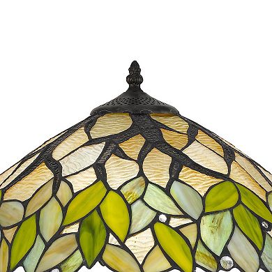 2 Bulb Tiffany Table Lamp with Leaf Design Glass Shade, Multicolor
