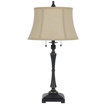 Metal Body Table Lamp with Fabric Tapered Bell Shade, Beige and Black