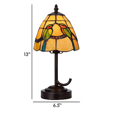 Eli 13 Inch Accent Lamp, Painted Avian Pair Tiffany Style Shade, Multicolor