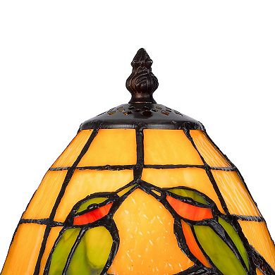 Eli 13 Inch Accent Lamp, Painted Avian Pair Tiffany Style Shade, Multicolor