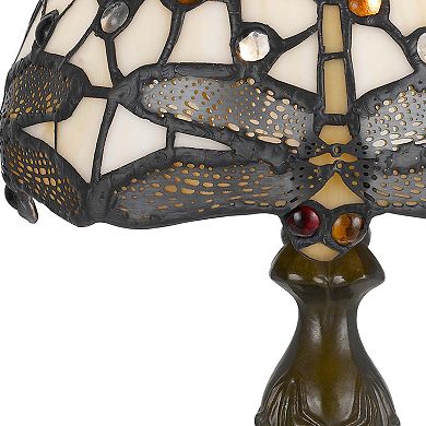 Metal Body Tiffany Table Lamp with Dragonfly Design Shade, Multicolor