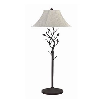 Metal Floor Lamp with Leaf Accent Body and Fabric Bell Shade,Black and Gray