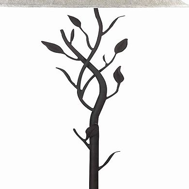 Metal Floor Lamp with Leaf Accent Body and Fabric Bell Shade,Black and Gray