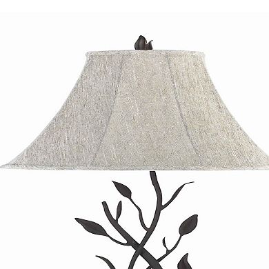 Metal Floor Lamp with Leaf Accent Body and Fabric Bell Shade,Black and Gray