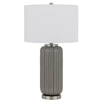29 Inch Ceramic Curved Table Lamp with Stripes, Dimmer, Gray