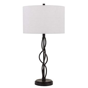 Round Fabric Shade Table Lamp, Metal Spiral Base, White, Textured Bronze