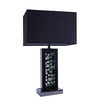 28 Inch Nickel Table Lamp, Black Fabric Shade, Glass Panel and LED Accents