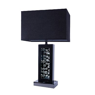 28 Inch Nickel Table Lamp, Black Fabric Shade, Glass Panel and LED Accents