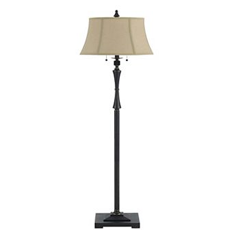 Metal Body Floor Lamp with Fabric Tapered Bell Shade, Black and Beige