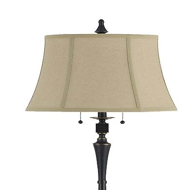 Metal Body Floor Lamp with Fabric Tapered Bell Shade, Black and Beige