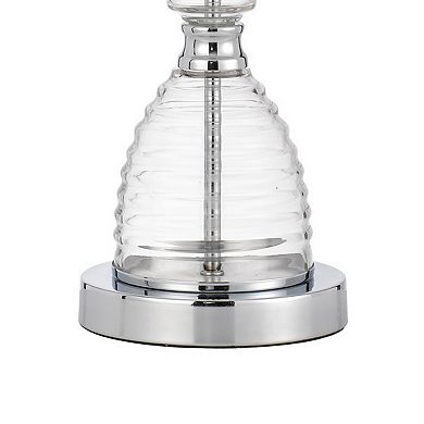 23 Inch Hourglass Ribbed Glass Base Table Lamp, Dimmer, Clear