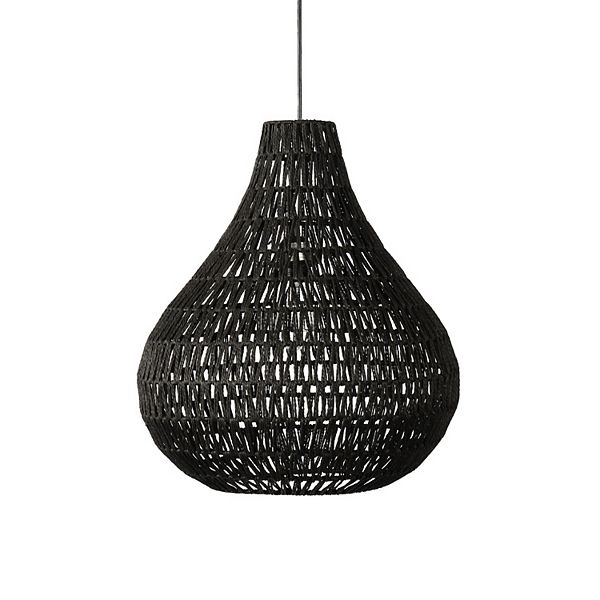 Boney 18 Inch Pendant Light, Woven Rope, Rounded Shape, Iron, Black