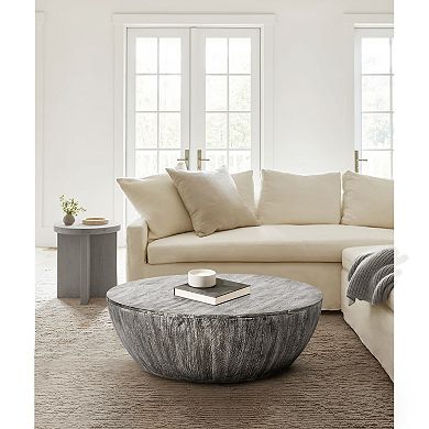 Arthur 36 Inch Farmhouse Style Handcrafted Mango Wood Coffee Table, Drum Shape, Sandblasted Black