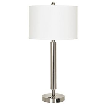 Metal Table Lamp with Fabric Drum Shade, White and Silver