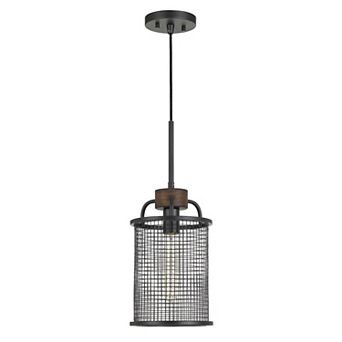 Cylindrical Grid Design Metal Chandelier with Wooden Accent, Black