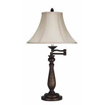 Swing Arm Metal Body Table Lamp with Fabric Bell Shade, Bronze and Beige