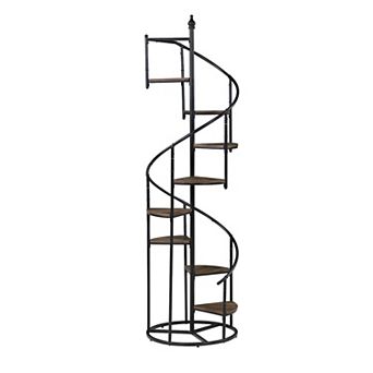 69 Inch Wood Bookcase, Spiral Metal Frame, Staircase Design, Brown