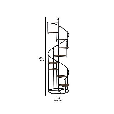 69 Inch Wood Bookcase, Spiral Metal Frame, Staircase Design, Brown