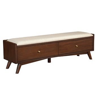 Ian 59 Inch 2 Drawer Accent Bench, Beige Seat, Mahogany Wood, Walnut Brown