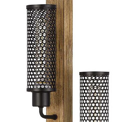 Wooden Floor Lamp with 3 Metal Mesh Shades, Brown and Black