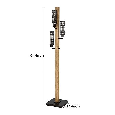 Wooden Floor Lamp with 3 Metal Mesh Shades, Brown and Black