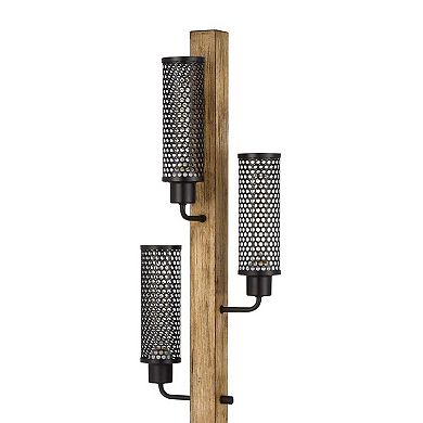 Wooden Floor Lamp with 3 Metal Mesh Shades, Brown and Black