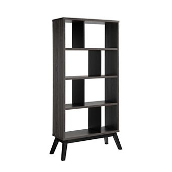 65 Inch Modern Bookcase, Four Shelves with Dividers, Flared Legs, Gray