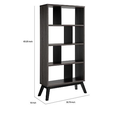 65 Inch Modern Bookcase, Four Shelves with Dividers, Flared Legs, Gray
