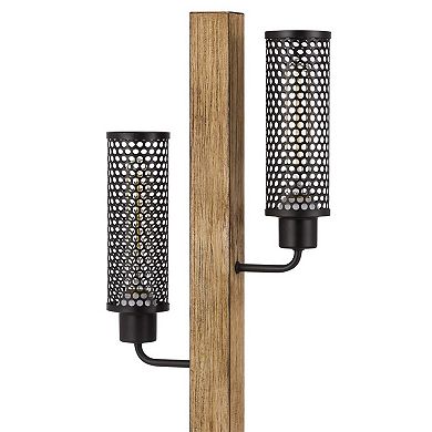 Wooden Table Lamp with 2 Metal Mesh Shades, Brown and Black
