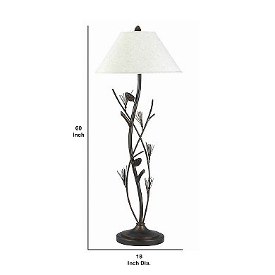 Pine Twig Accent Metal Body Floor Lamp with Conical Shade, Bronze and White