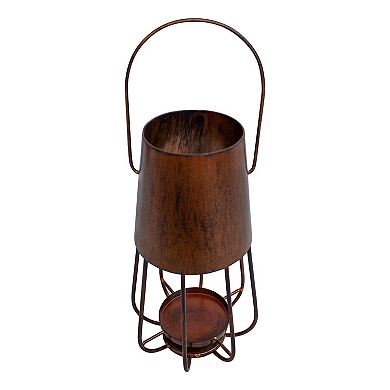 Ambient 12 Inch Vintage Style Iron Candle Stand Lantern, Sleek Curved Handle, Rustic Bronze