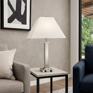 Trapezoid Shade Table Lamp with Metal Base and 2 USB Ports,White and Chrome