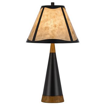 30 Inch 3 Way Table Lamp, Beige Mica Shade, Rubberwood and Black Metal Body