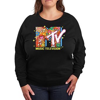 Plus Size MTV Logo Retro Collage French Terry Long Sleeve Tee
