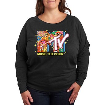 Plus Size MTV Logo Retro Collage French Terry Long Sleeve Tee