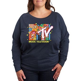 Plus Size MTV Logo Retro Collage French Terry Long Sleeve Tee