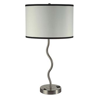 29 Inch Round Drum Shade Table Lamp, Curved Tubular Frame, Silver