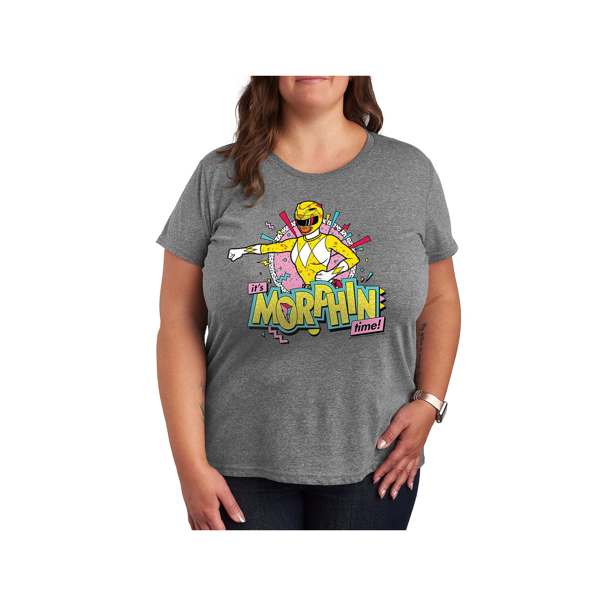 Plus Size Power Rangers Morphin Yellow Graphic Tee, Womens, Size: 1XL, Gre