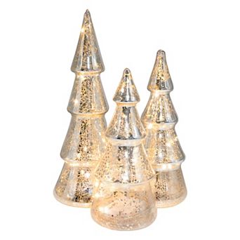 LumaBase Battery Operated Silver Finish Mercury Glass Trees Table Decor 3 pc Set