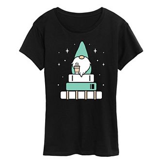 Women's Gnome with Coffee and Books Graphic Tee
