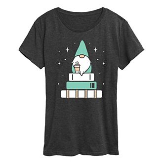 Women's Gnome with Coffee and Books Graphic Tee