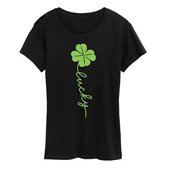 Women's Lucky Script Four Leaf Clover Graphic Tee