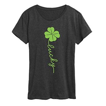 Women's Lucky Script Four Leaf Clover Graphic Tee