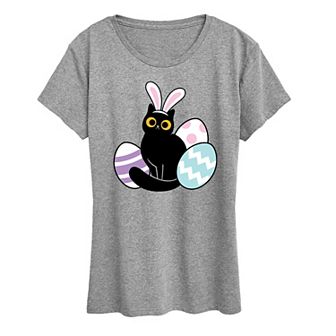 Women's Black Cat With Easter Eggs Graphic Tee