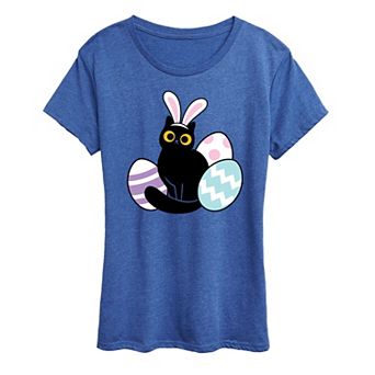 Women's Black Cat With Easter Eggs Graphic Tee
