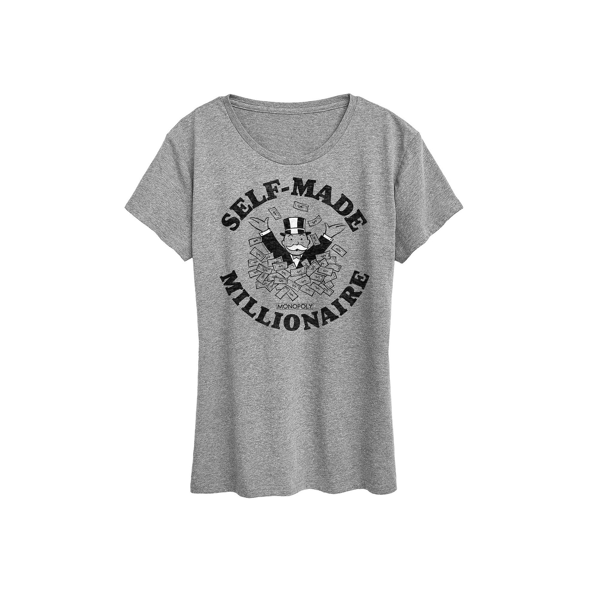 Womens Monopoly Self Made Millionaire Graphic Tee, Size: Small, Grey Gray