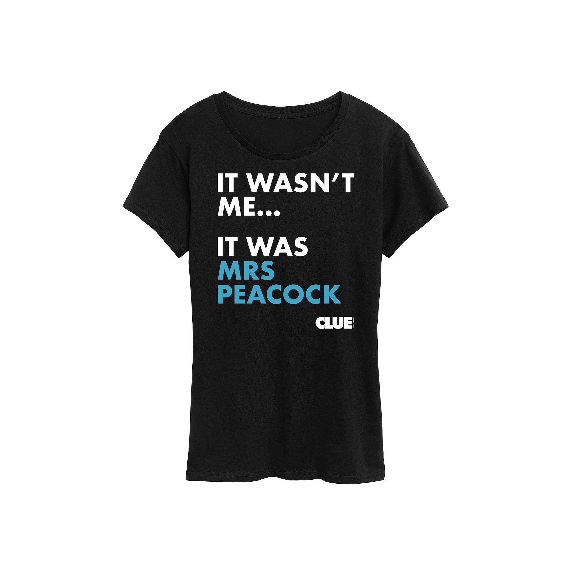 Womens Clue It Was Mrs. Peacock Graphic Tee, Size: Small, Black